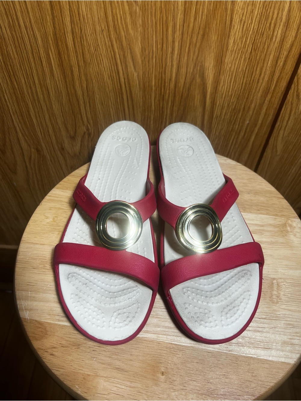 CROCS Women's Red Slide Sandals with Gold Ring Detail